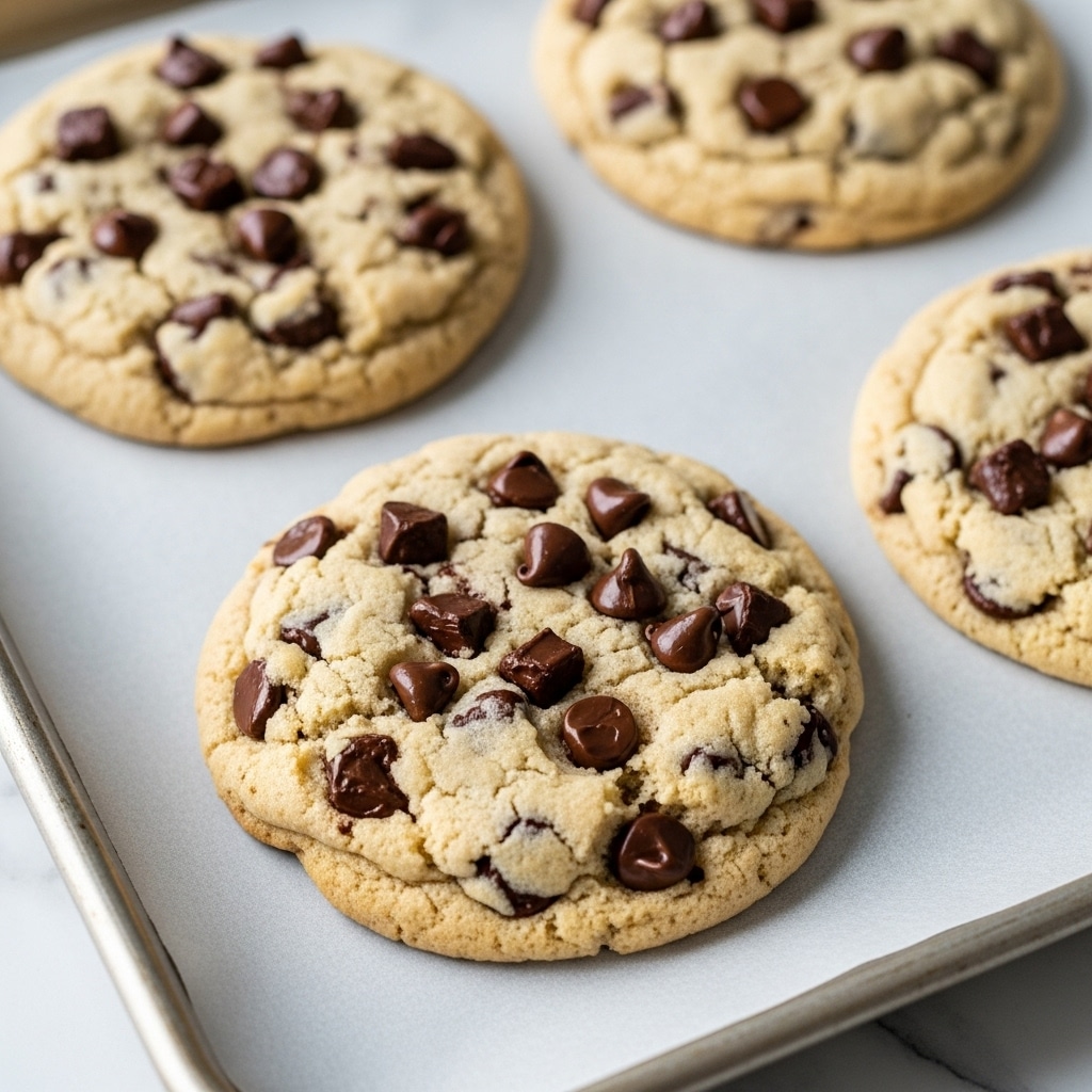 A close-up of four thick, round chocolate chip cookies on a baking tray lined with light grey parchment paper. Each cookie has a slightly golden-brown base with a soft, light beige dough filled generously with dark brown chocolate chunks and chips scattered unevenly across the surface. The cookies appear soft and chunky, with some cracks and folds visible that add texture to the dough. The tray sits on a white marbled surface. Photo taken with an iphone --ar 4:5 --v 7