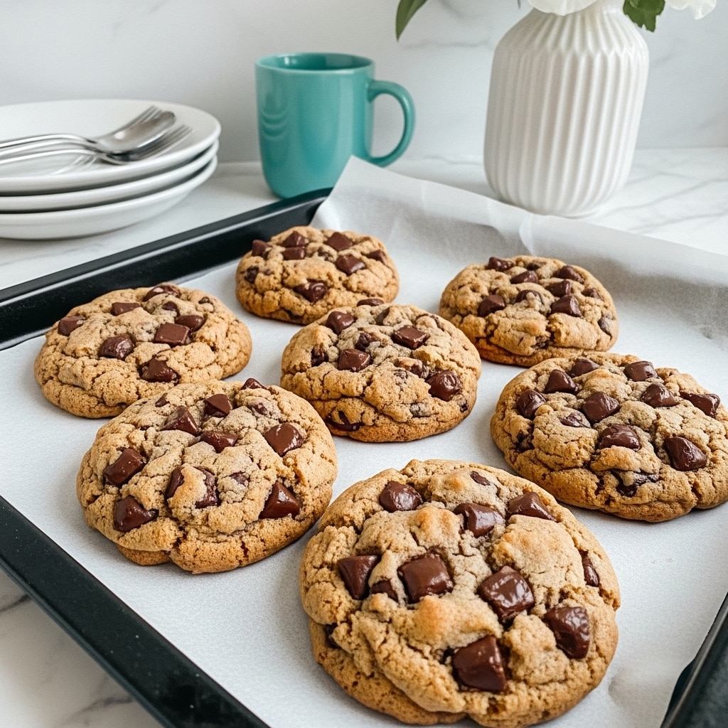 The image shows a black baking tray lined with white parchment paper, holding six chunky, golden-brown chocolate chip cookies arranged close together. Each cookie is thick and slightly rounded on top, with many dark brown chocolate chunks visible, contrasting with the lighter, crumbly cookie dough. In the background, there are stacked white plates, a turquoise mug, and a white vase with white flowers, all placed on a white marbled surface. The overall feel is warm and inviting, with soft natural light highlighting the texture of the cookies. photo taken with an iphone --ar 4:5 --v 7