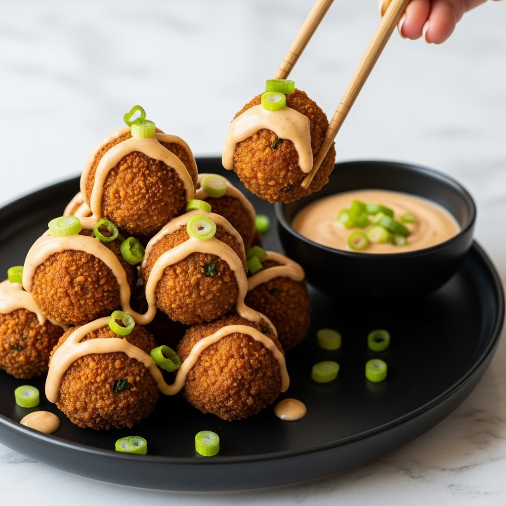 A close-up view of golden-brown crispy meatballs stacked in a black round plate, each meatball coated with a light tan creamy sauce drizzled unevenly over their textured surface, topped with bright green chopped scallions scattered on and around them. A pair of wooden chopsticks held by a woman's hand is lifting two meatballs from the stack. To the side of the plate, there is a small black bowl filled with a similar creamy sauce with a few scallion pieces inside. The plate is placed on a white marbled surface. photo taken with an iphone --ar 4:5 --v 7