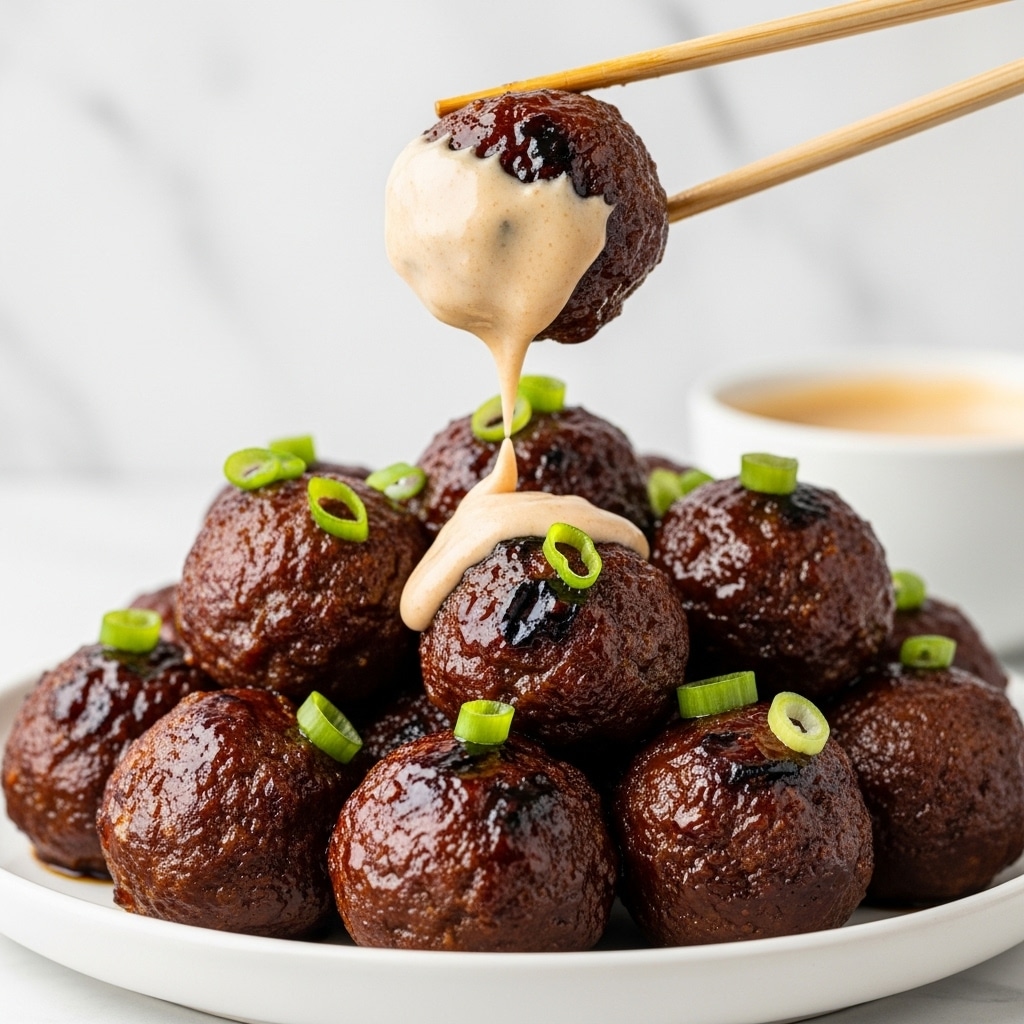 A white plate filled with a pile of dark brown, grilled meatballs coated with a shiny glaze, topped with bright green chopped scallions. One meatball is held above the pile by wooden chopsticks, with a thick beige sauce dripping down its side. The background is a white marbled texture with a white bowl containing more sauce partly visible. The image focuses closely on the textured surface of the meatballs and the sauce details. photo taken with an iphone --ar 4:5 --v 7