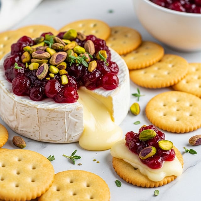 A round wheel of soft, white camembert cheese sits in the middle with its creamy, pale yellow center oozing out from a cut section at the front. On top of the cheese is a thick layer of dark red cranberry sauce, sprinkled with green and brown whole and chopped pistachios, adding texture and color contrast. Surrounding the cheese are multiple round saltine crackers in light golden brown, with one cracker in the front right topped with a generous spoonful of the cranberry sauce, pistachios, and a bit of the melted cheese. The scene is set on a white marbled textured surface, with a white bowl filled with more cranberry sauce visible in the top right corner. Small herbs and pistachio pieces are scattered lightly around. Photo taken with an iphone --ar 4:5 --v 7
