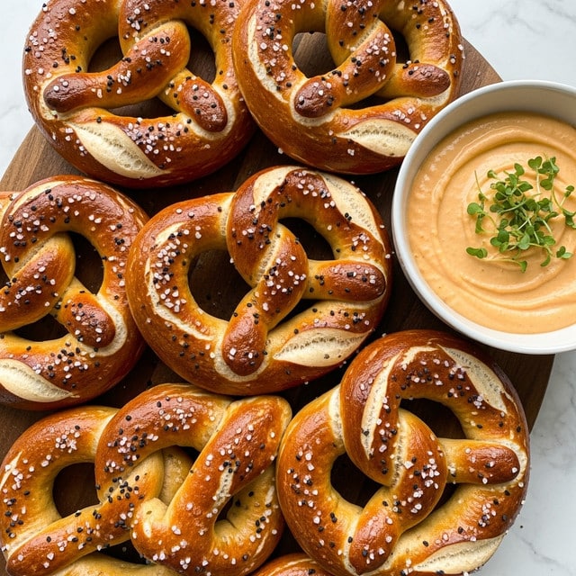 The image shows seven golden brown pretzels with a shiny, slightly glossy crust, each topped with coarse salt and small black seeds scattered evenly across the surface. The pretzels have a thick and twisted shape with visible layers of soft dough. They are arranged closely together on a wooden board. To the right of the pretzels, a white bowl contains a smooth, light orange cheese dip garnished with small green herbs on top. The background surface has a white marbled texture. photo taken with an iphone --ar 4:5 --v 7
