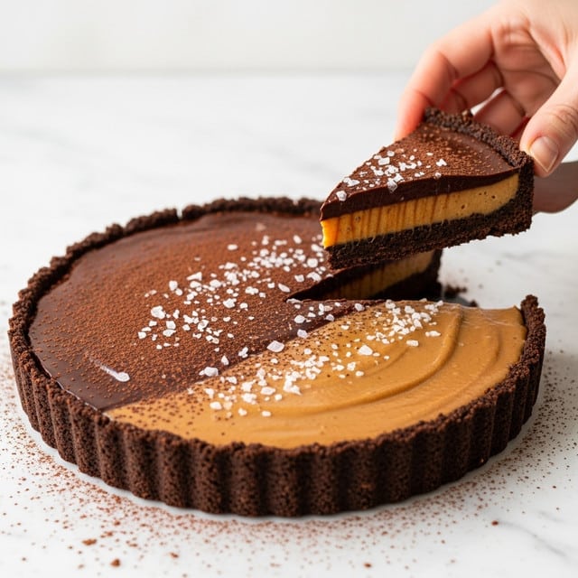 A round tart with a dark, crumbly crust forms the base layer, holding a thick, smooth, caramel-colored middle layer topped with a shiny, rich chocolate layer dusted with fine cocoa powder. Large flakes of sea salt are sprinkled evenly on the chocolate top, adding texture and contrast. A woman's hand is lifting a single triangular slice from the tart, showing the three distinct layers side by side. The tart sits on a white marbled surface with some cocoa powder scattered around. photo taken with an iphone --ar 4:5 --v 7