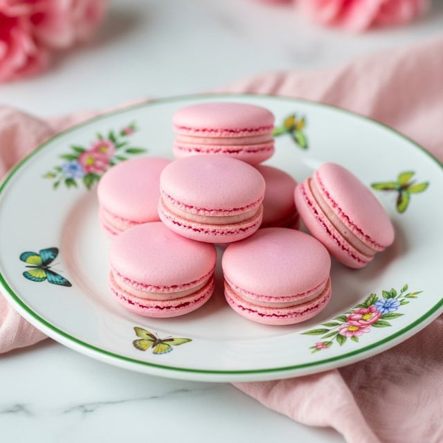 A white plate with a green rim and flower and butterfly pattern holds six light pink macarons arranged in a small pile in the center. Each macaron has two smooth, rounded shells with a soft, slightly textured edge and a creamy, pale pink filling visible between the shells. The plate sits on a white marbled surface with a pink cloth nearby, and blurred pink flowers can be seen in the background. photo taken with an iphone --ar 4:5 --v 7