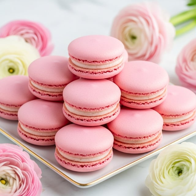A pile of soft pink macarons stacked in layers on a white square plate with a thin gold rim, each macaron showing a smooth top layer and a light, slightly rougher edge with creamy pale pink filling in between. The plate is set on a white marbled surface and surrounded by soft pink and white ranunculus flowers with delicate petals, some partially out of focus in the background, creating a gentle and elegant atmosphere. Photo taken with an iphone --ar 4:5 --v 7