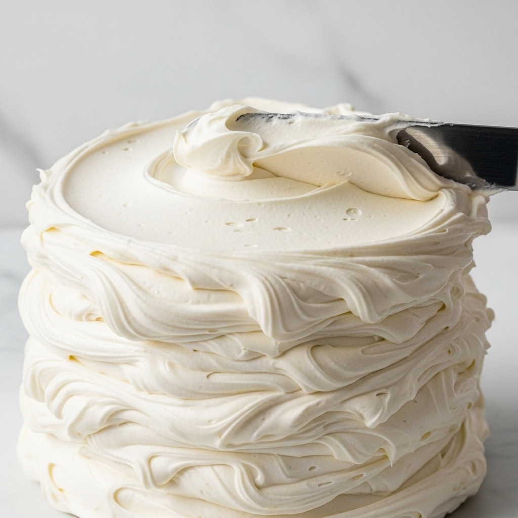 The image shows a close-up of creamy, whipped white frosting with soft, smooth swirls and peaks. The frosting looks thick and fluffy with a slightly shiny texture, and a metal spatula is gently lifting or smoothing the top right side. The thick layers of frosting fill the frame against a white marbled background. photo taken with an iphone --ar 4:5 --v 7