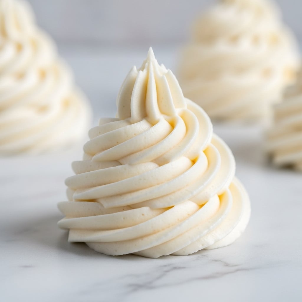 A close-up image showing a single swirl of smooth, creamy white frosting with fine ridges, piped into a spiral shape that forms a peak at the top. The texture is soft and slightly shiny, with subtle shadows giving depth to each curved layer. In the blurry background, there are parts of similar frosting swirls. The whole scene is set against a white marbled texture. Photo taken with an iphone --ar 4:5 --v 7