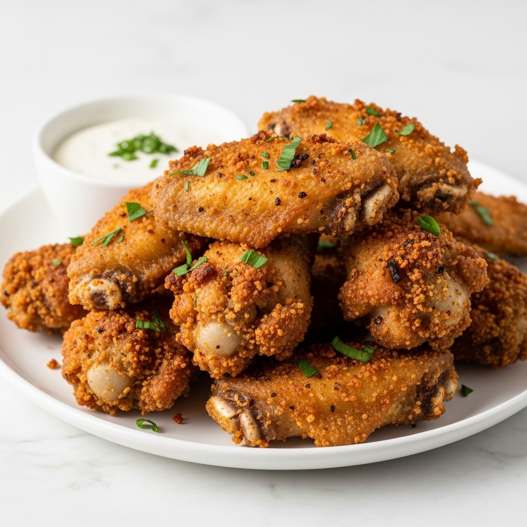 The image shows a white plate full of crispy fried chicken wings stacked on top of each other. Each wing has a golden-brown, crunchy coating with spots of darker browning, and small green herb pieces sprinkled on top. In the back left corner of the plate, there is a small white bowl with a creamy white dipping sauce, garnished with a few green herbs. The plate is placed on a white marbled surface, creating a clean and bright setting. photo taken with an iphone --ar 4:5 --v 7