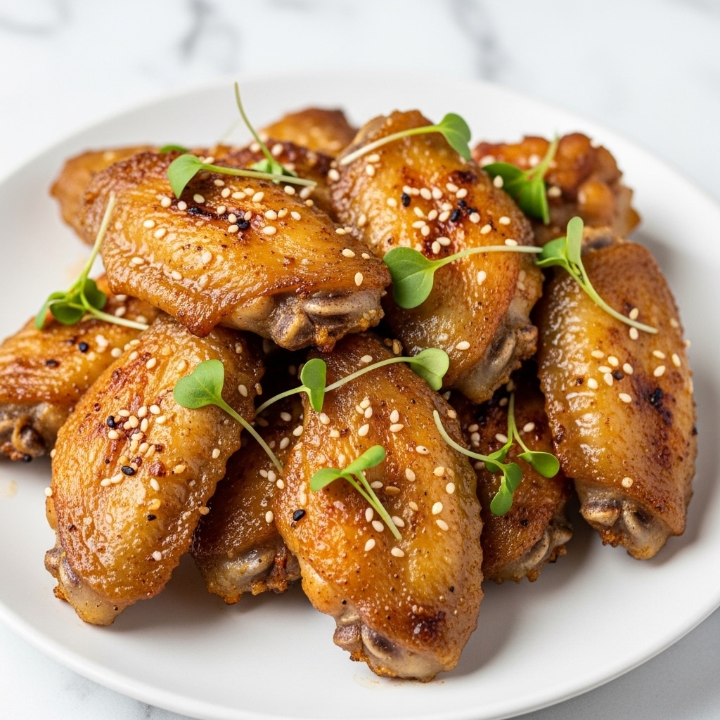 A close-up view of eight golden-brown chicken wings arranged in a pile on a white plate, each wing having a crispy, textured skin with a slightly charred look. Small green leafy sprouts are scattered on top for a fresh touch, and there are tiny white sesame seeds sprinkled lightly over the wings. The background is a white marbled surface creating a clean and bright setting. Photo taken with an iphone --ar 4:5 --v 7