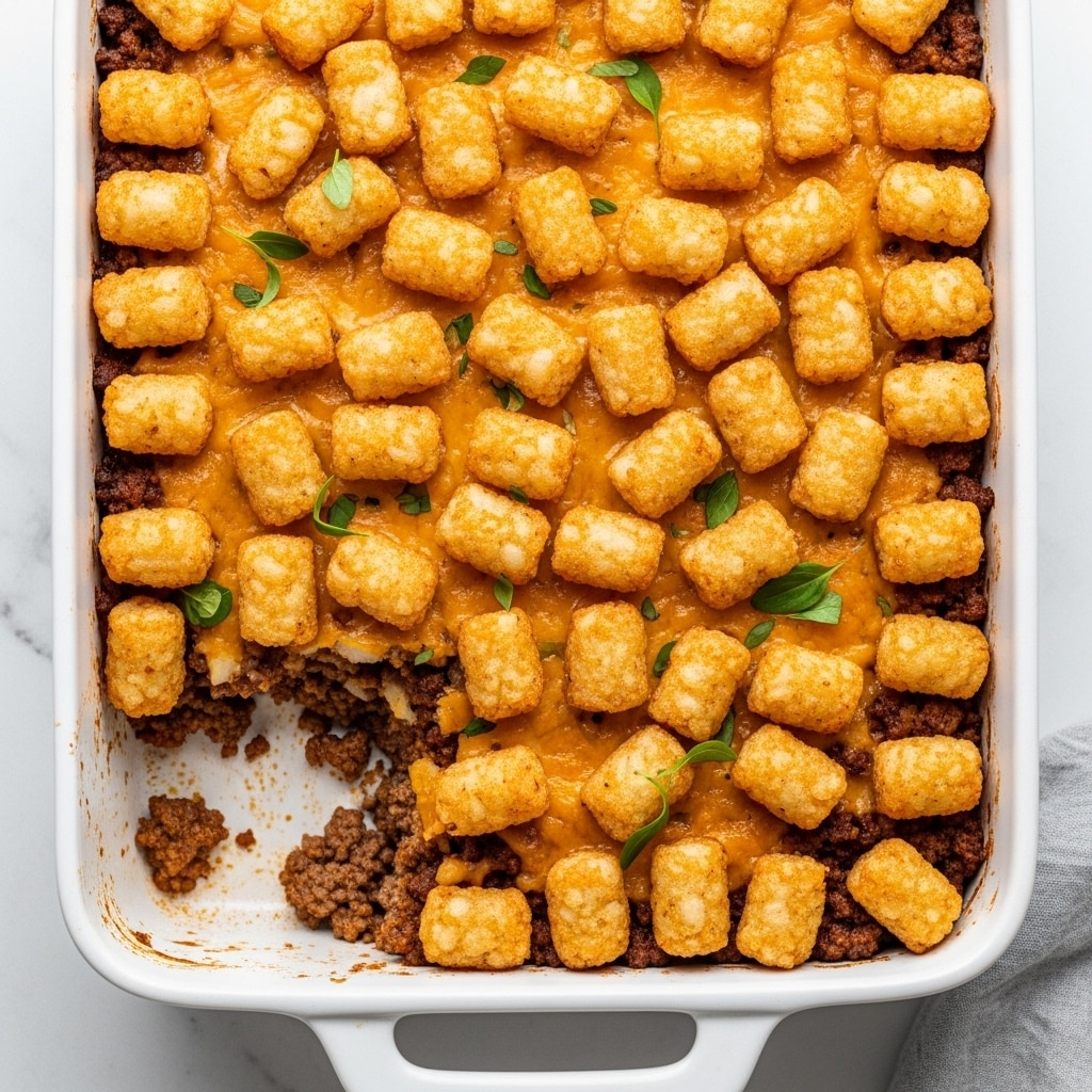 A white baking dish filled with a layered casserole featuring a bottom layer of browned ground beef with a crumbly texture, topped with a thick layer of melted, bubbly cheese that is slightly browned in spots, and finished with golden brown, crispy tater tots evenly spread on top, garnished with small green herb leaves scattered across. The dish has one scoop missing, showing the distinct layers clearly. The background is a white marbled texture. photo taken with an iphone --ar 4:5 --v 7
