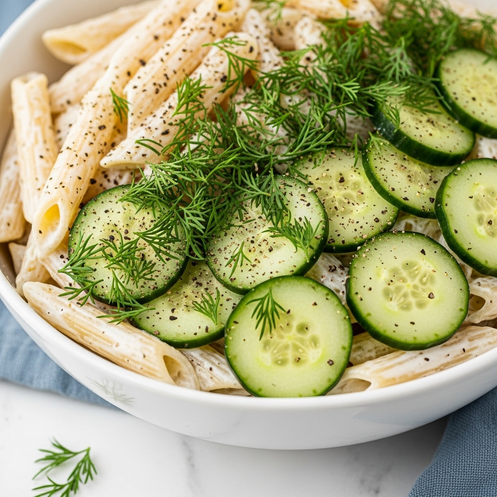 The image shows a close-up of a pasta salad in a white bowl placed on a white marbled surface. The salad consists of three main layers: the first layer is penne pasta coated in a creamy white dressing, the second layer contains thinly sliced cucumber rounds with a light green color and fresh texture, and the third layer is fresh dill leaves scattered evenly on top, adding a touch of dark green with delicate needle-like shapes. There are sprinkles of black pepper speckled across the dish, adding small dark spots. The bowl rests on a soft blue cloth that slightly peeks into the frame. Photo taken with an iphone --ar 4:5 --v 7