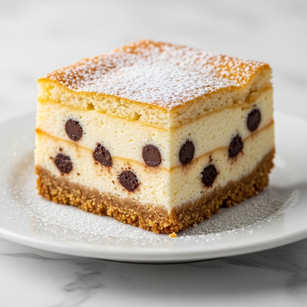 A square slice of cheesecake with three clear layers sits on a white plate on a white marbled surface. The bottom layer is a thick, crumbly, golden brown crust. The middle layer is a creamy, pale yellow cheesecake filled with dark chocolate chips scattered throughout. The top layer is a thin, slightly browned cake layer dusted with a fine layer of white powdered sugar that spills slightly onto the plate. The lighting highlights the soft texture of the cheesecake and the crumbly edges of the crust. photo taken with an iphone --ar 4:5 --v 7