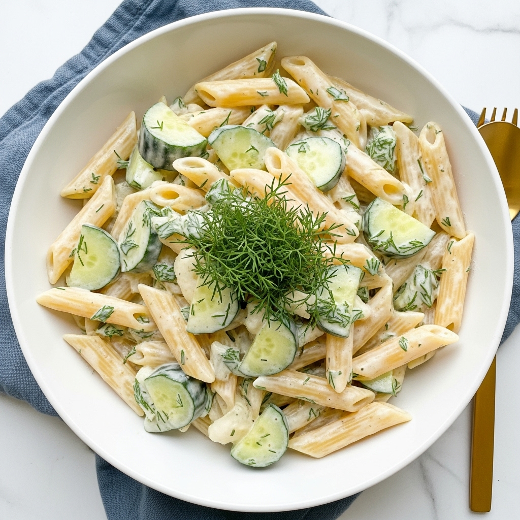 The dish shows a white bowl filled with creamy penne pasta mixed with creamy white sauce, large pale green cucumber chunks, and small green dill herb pieces spread evenly. The penne pasta is well coated with the sauce, making it look smooth and glossy. On top of the pasta sits a small bunch of fresh green dill as garnish. The bowl is placed on a white marbled surface with a soft blue cloth and a gold utensil partially visible next to it. photo taken with an iphone --ar 4:5 --v 7