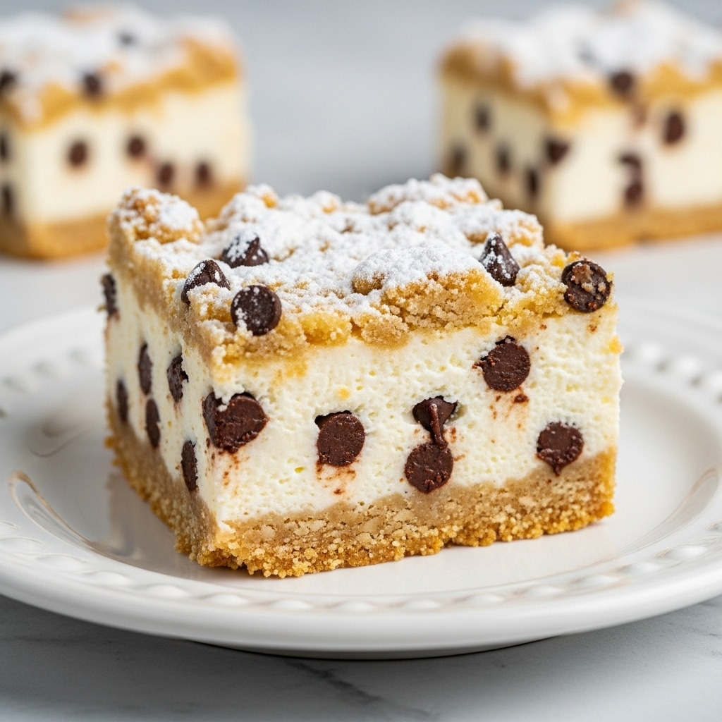 This image shows a square dessert with three layers placed on a white plate over a white marbled texture. The bottom layer is a golden brown crumbly crust. The middle layer is a thick, creamy white filling with many small dark chocolate chips mixed throughout. The top layer is a light, crumbly topping with more chocolate chips scattered inside and a dusting of white powdered sugar covering its surface. The background is softly blurred but shows another piece of the same dessert. photo taken with an iphone --ar 4:5 --v 7