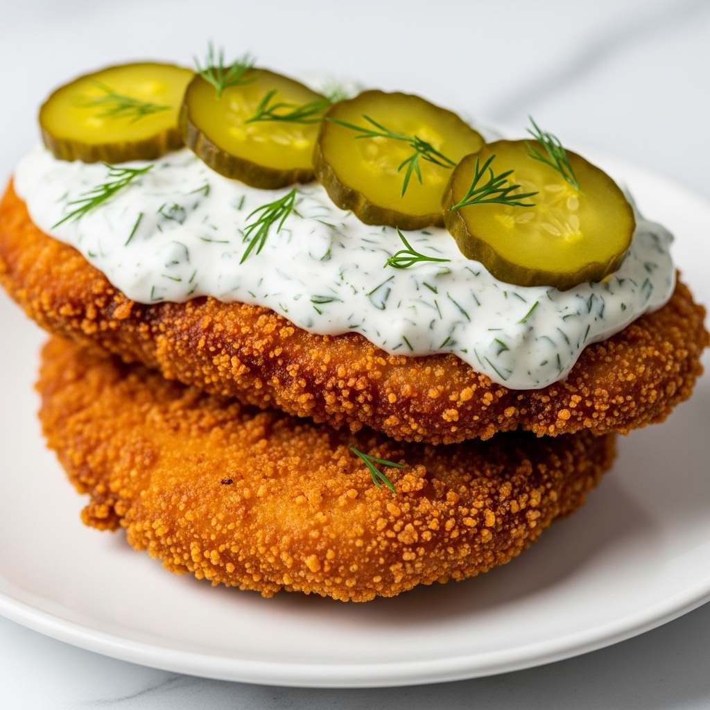A close-up of two golden brown crispy fried chicken cutlets stacked on a white plate, topped with a creamy white sauce that has green dill mixed in, and several slices of green pickles arranged on top of the sauce. The fried coating is crunchy and textured, showing some uneven crisp edges. The plate rests on a white marbled surface. Photo taken with an iphone --ar 4:5 --v 7