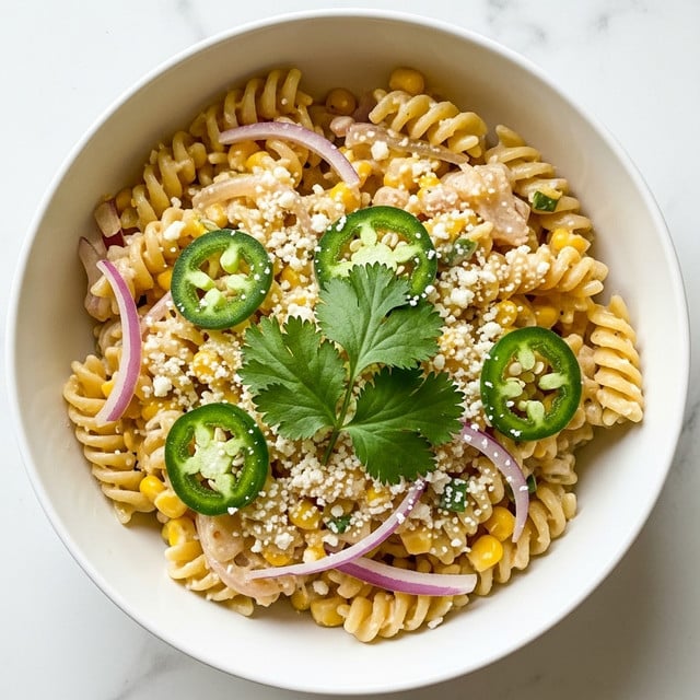 A white bowl filled with spiral pasta coated in a creamy sauce, mixed with small yellow corn kernels and thin slices of light purple onion scattered through the dish. Bright green cilantro leaves and slices of green jalapeño peppers are placed on top, adding color contrast, with a sprinkle of white crumbly cheese evenly spread over the surface. The bowl sits on a white marbled surface with soft shadows around it. photo taken with an iphone --ar 4:5 --v 7