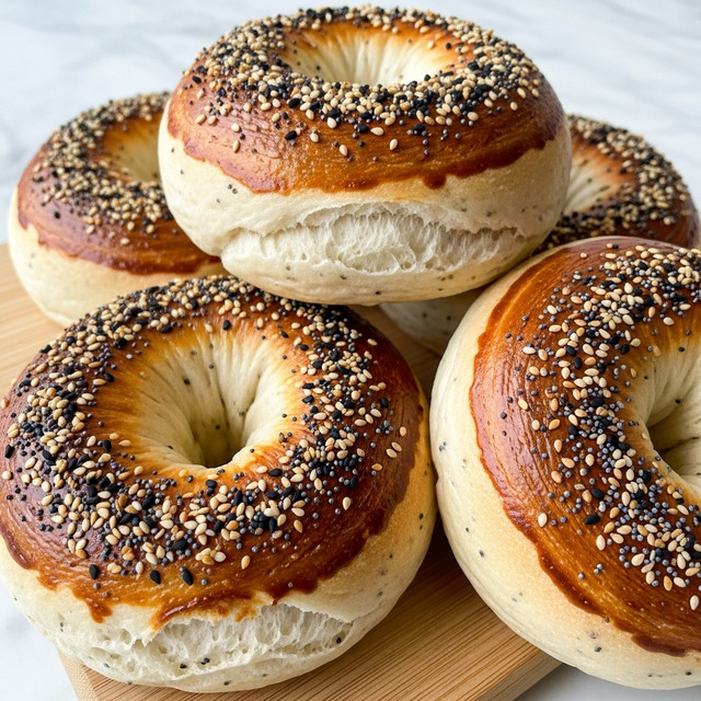 A close-up view of several soft bagels stacked together on a light wooden board. Each bagel has a shiny, golden-brown top layer sprinkled with black and white sesame seeds and poppy seeds, giving a slightly rough texture to the smooth surface. The bagels have a thick, creamy white dough underneath the golden crust visible around the edges and inside the central hole, with a slightly uneven, bumpy texture. The background shows a softly blurred white marbled surface, highlighting the warm tones of the bagels. photo taken with an iphone --ar 4:5 --v 7