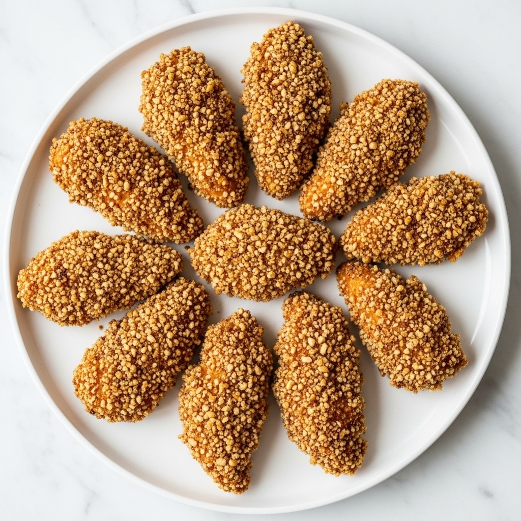 On a white plate placed on a white marbled surface, there are four pieces of fried chicken tenders. Each tender is coated with a crunchy, golden-brown breading that has visible bits of red chili flakes and crushed nuts, giving a rough texture. The chicken pieces are arranged in a slightly overlapping pattern, showing a crispy and uneven coating with some darker toasted spots. The overall look is warm and crispy, inviting and fresh. photo taken with an iphone --ar 4:5 --v 7