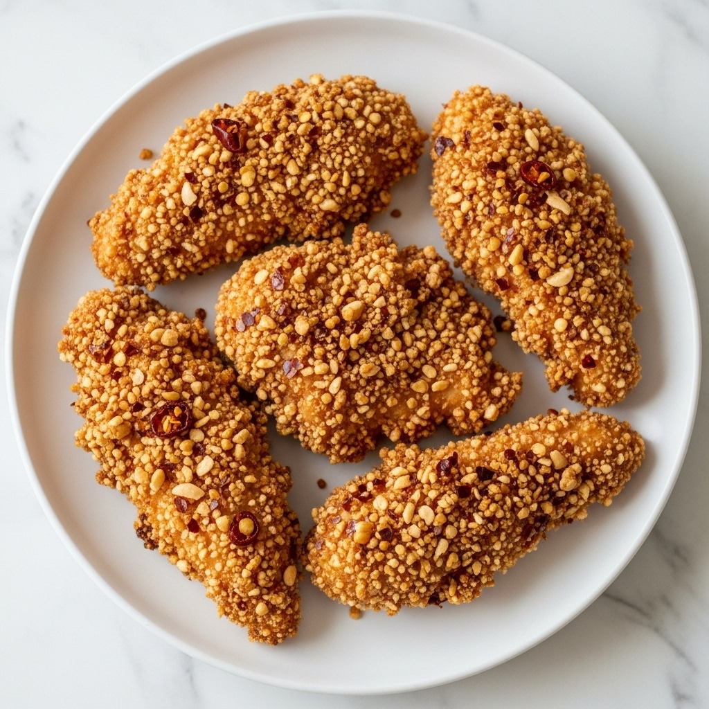A white round plate holds eight pieces of breaded chicken tenders arranged in a loose pile. Each tender is coated in a crust made of coarse, crunchy crumbs mixed with crushed nuts and spices, giving a rough, textured surface that is golden brown with darker toasted spots. The pieces vary slightly in size and shape but all show a crispy outer layer. The plate is set on a white marbled surface. photo taken with an iphone --ar 4:5 --v 7
