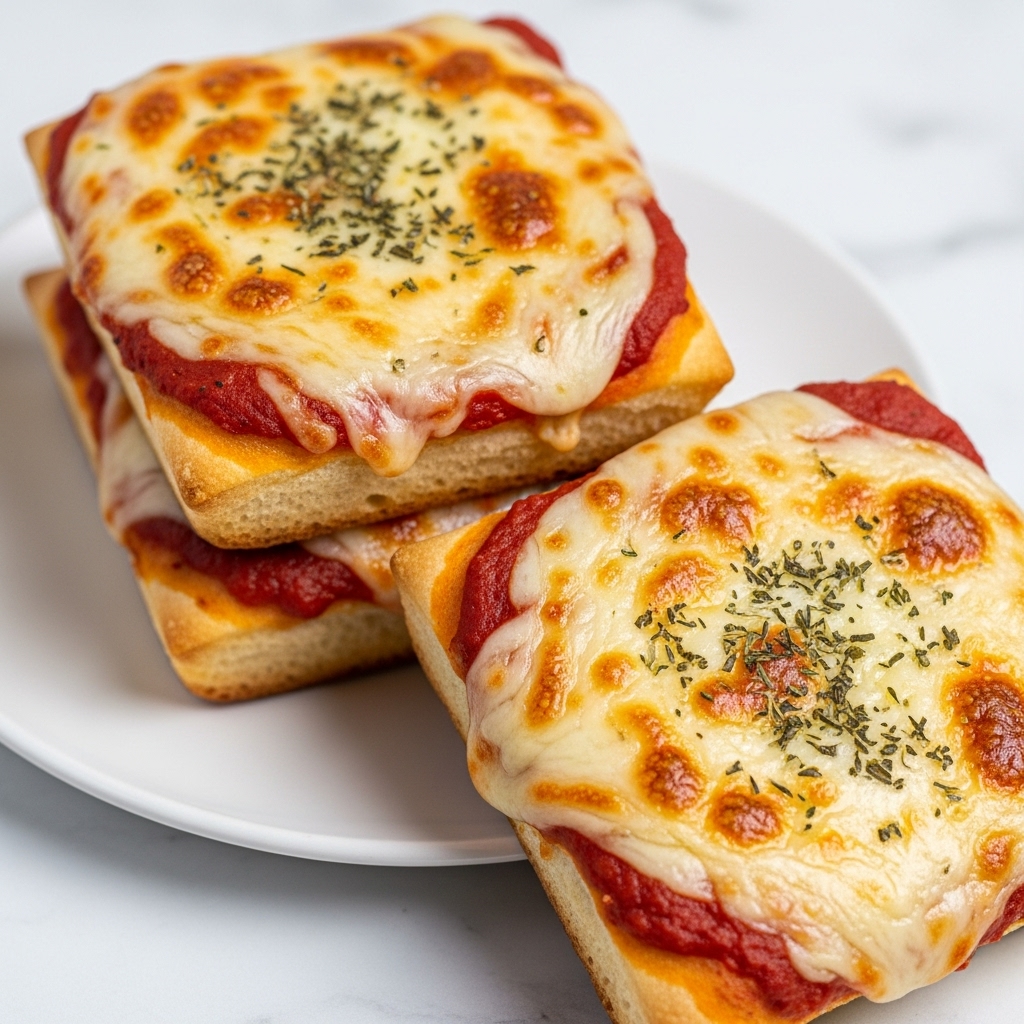 Two square mini pizzas sit stacked on a white plate placed on a white marbled texture. Each pizza has a golden brown crust visible at the edges as the base layer. The second layer is a smooth red tomato sauce covering the crust but not reaching the edges. The top layer is melted mozzarella cheese, golden and bubbly, spread thickly and unevenly with browned spots. Small bits of dark green dried herbs are sprinkled lightly on top, adding texture and color contrast. The close-up view shows the gooey cheese texture and the slight shine of oil on the surface. Photo taken with an iphone --ar 4:5 --v 7