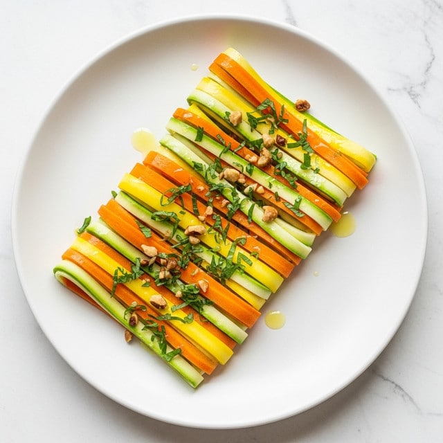 A white plate holds a simple, fresh salad made of thin, long ribbons of yellow, orange, and pale green vegetables, neatly layered and slightly curled on top of each other. The ribbons look like they are made from squash, carrot, and zucchini, with a light, glossy dressing that gives a soft shine. Small bits of green herbs and crushed nuts are sprinkled over the top, adding texture and color contrast. The plate sits on a white marbled surface. photo taken with an iphone --ar 4:5 --v 7