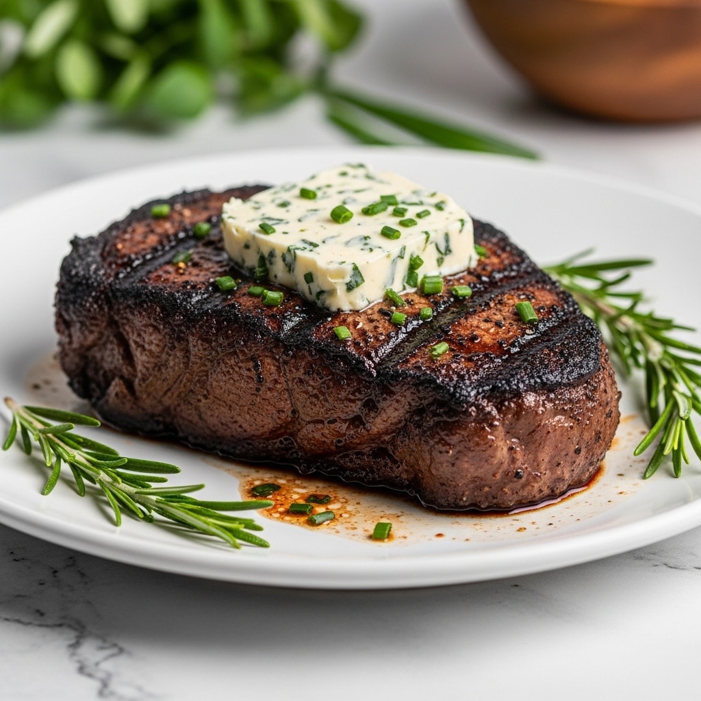 A thick, juicy, grilled steak with a dark brown, slightly charred crust sits in the center of a white plate, resting on a white marbled texture surface. On top of the steak, there is a thick square pat of creamy herb butter mixed with green rosemary and chive bits. The steak is surrounded by small pools of rich juice, and a few green rosemary sprigs lay near the steak on the plate. The background is softly blurred, showing hints of fresh green herbs and a wooden bowl in warm brown tones. Photo taken with an iphone --ar 4:5 --v 7