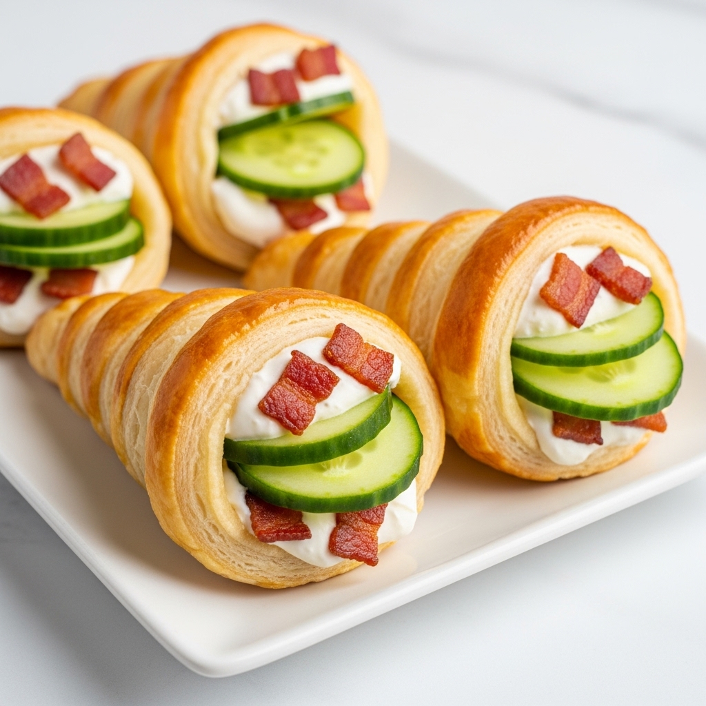 Golden brown puff pastry cones are filled with three visible layers: a creamy white layer of cheese or cream at the center, fresh green cucumber slices beneath it, and small pieces of crispy bacon adding a reddish-brown texture on top. The cones are neatly placed on a simple white rectangular plate, set against a white marbled background. The puff pastry looks flaky and crisp with a shiny surface. photo taken with an iphone --ar 4:5 --v 7