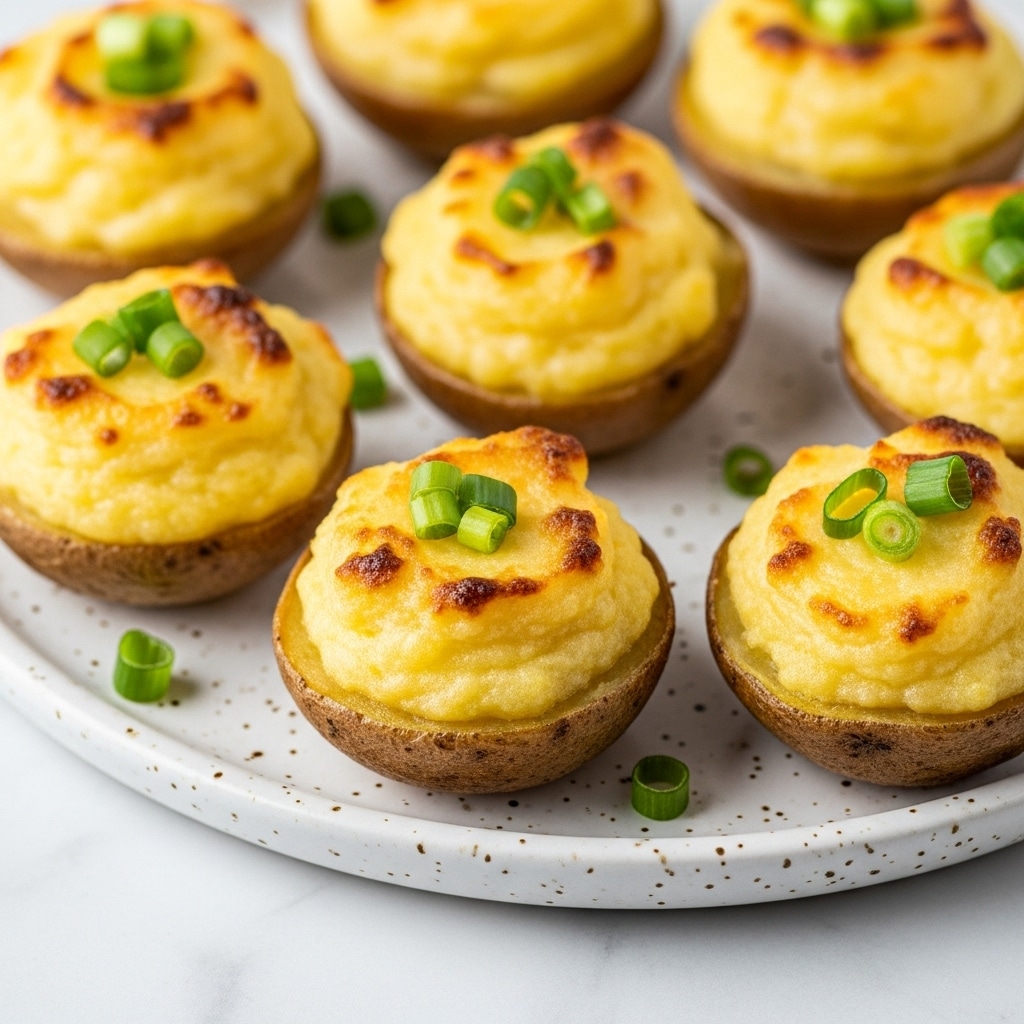 The image shows a close-up of several small potato skins filled with mashed potato, arranged on a white speckled plate, placed on a white marbled texture. Each potato skin has a thin, brown outer layer holding a creamy yellow mashed potato filling that is slightly crispy and golden-brown on top. Small green onion pieces are sprinkled on top of each one, adding a fresh green color contrast. The texture of the mashed potatoes looks smooth with browned spots from baking or broiling. The potato skins are placed closely together, filling the plate with a warm, appetizing look. Photo taken with an iphone --ar 4:5 --v 7
