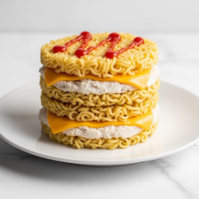 The image shows a stacked ramen noodle burger cut in half on a white plate with a white marbled surface background. The burger has three layers of wavy cooked ramen noodles that look slightly golden brown and crispy on the edges. Between the noodle layers are two thick, bright yellow melted cheese slices that look smooth and creamy. The top ramen noodle layer is covered with a zigzag drizzle of bright red ketchup. The burger looks soft and gooey inside and firm outside, with a clean cut showing all layers clearly. Photo taken with an iphone --ar 4:5 --v 7