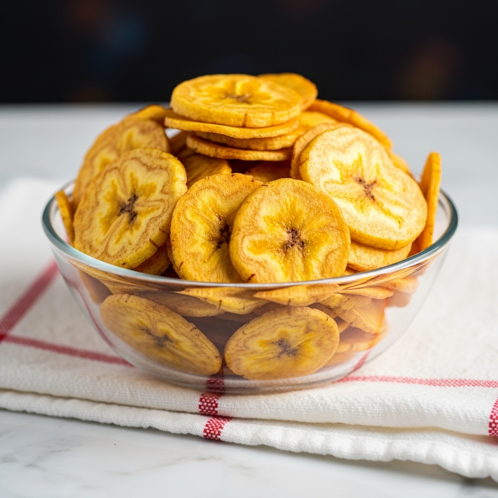 A clear glass bowl filled with a single layer of golden-brown, round plantain chips that have a shiny, slightly crispy texture and visible char marks, stacked loosely and reaching above the bowl’s rim, placed on a white cloth with light red lines, all set on a white marbled surface with a dark, blurred background. Photo taken with an iphone --ar 4:5 --v 7