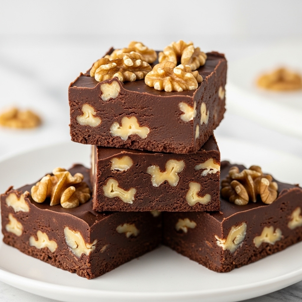 The image shows three thick, square pieces of dark brown chocolate fudge stacked on a white plate. Each piece contains visible light beige walnut chunks inside, with the top piece topped with extra walnut halves. The fudge has a smooth, shiny surface with slightly rough edges where it was cut. The background is softly blurred with a white marbled texture surface underneath, creating a warm and cozy atmosphere. Photo taken with an iphone --ar 4:5 --v 7
