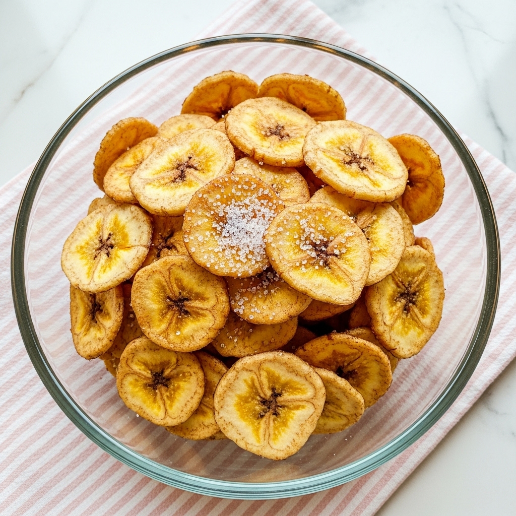 A clear glass bowl filled with many golden fried plantain slices stacked in layers, each slice showing a crispy texture with some darker browned spots and a light sprinkle of sugar on top, placed on a pink and white striped cloth over a white marbled surface. Photo taken with an iphone --ar 4:5 --v 7