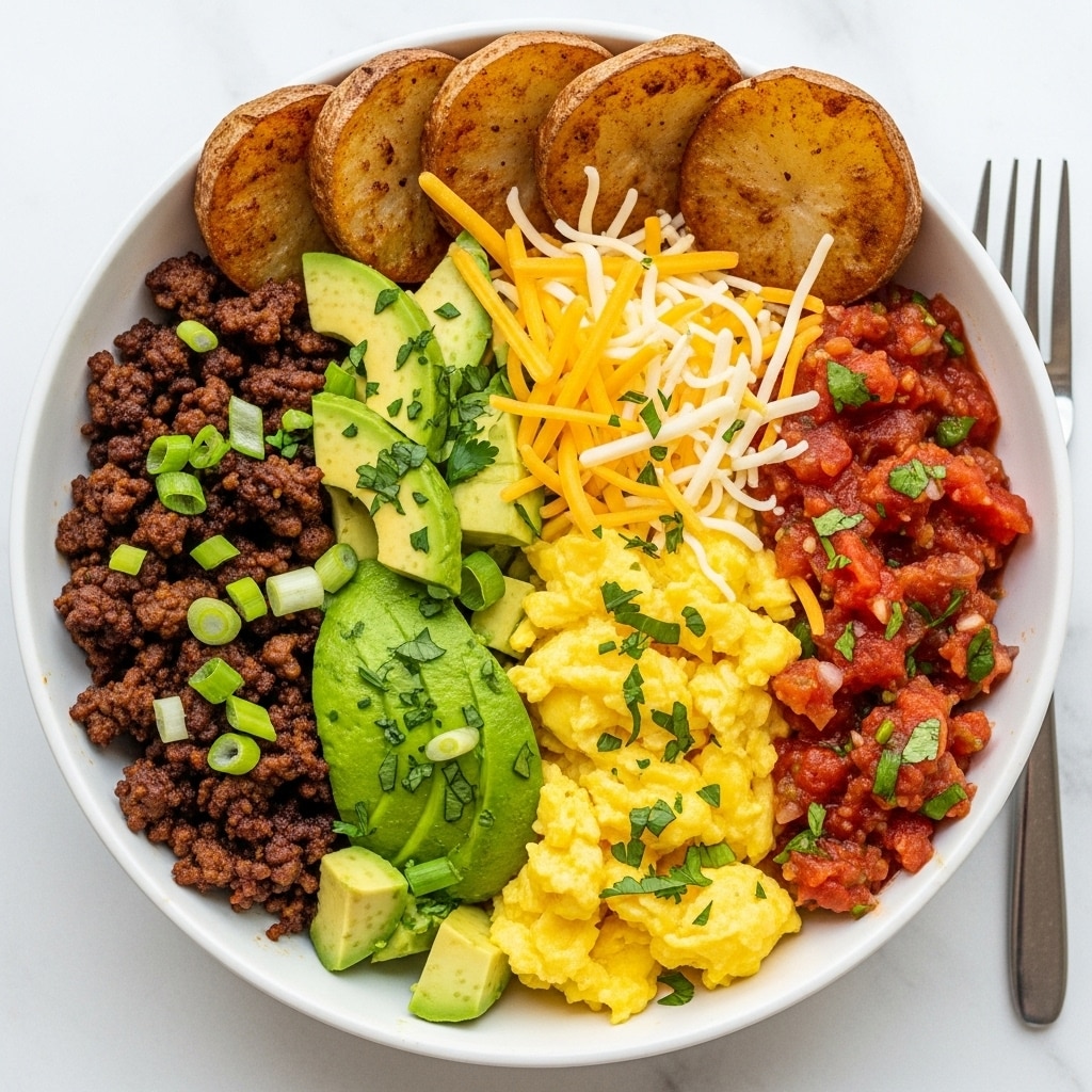 A white bowl filled with a base layer of yellow scrambled eggs mixed with browned hash browns, topped evenly with melted orange cheddar cheese. Around the edges are browned sausage pieces, and dollops of red salsa are spread on top. In the center, there is a generous scoop of white sour cream, covered with bright green avocado chunks and sprinkled with chopped green onions. A silver fork rests on the side of the bowl, all placed on a white marbled surface. Photo taken with an iphone --ar 4:5 --v 7