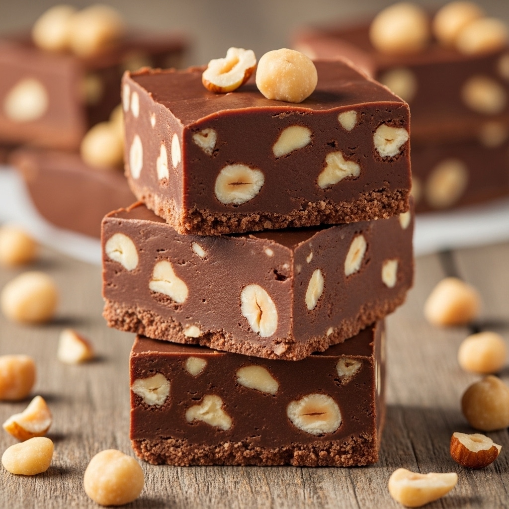 The image shows a stack of three thick square pieces of chocolate fudge with visible small chunks of nuts embedded inside each piece. The top piece has some nut pieces resting on it, and the fudge has a smooth, slightly glossy texture with a slightly crumbly edge, all placed on a rustic wooden surface. Scattered nut pieces surround the base of the fudge stack, adding to the detail. Photo taken with an iphone --ar 4:5 --v 7