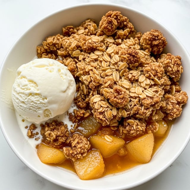 A white bowl holds a warm apple crumble dessert, with a bottom layer of soft, cooked apple pieces in a golden-brown syrup. On top, there is a thick layer of crunchy oat and cinnamon crumble that is golden-brown with textured oats. On one side of the bowl, a single scoop of creamy white ice cream sits, slightly melting onto the crumble. The bowl rests on a white marbled surface. photo taken with an iphone --ar 4:5 --v 7