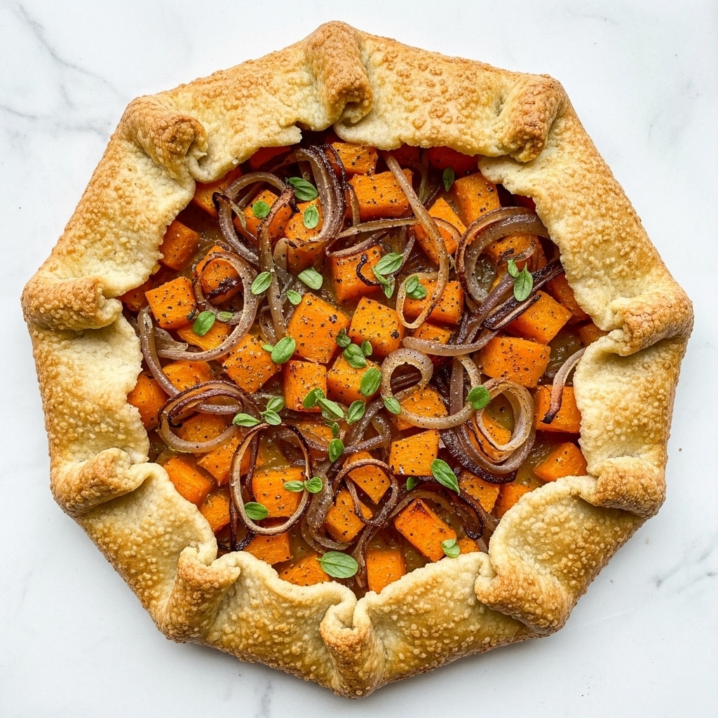 The image shows a rustic galette with one main thick golden crust layer folded unevenly around the edges, creating a ruffled border with a crunchy texture. Inside, there is a single layer of roasted orange butternut squash chunks mixed with thin caramelized brown onion strips, all sprinkled lightly with black pepper and small green herb leaves scattered on top. The galette rests on a white marbled texture surface. photo taken with an iphone --ar 4:5 --v 7