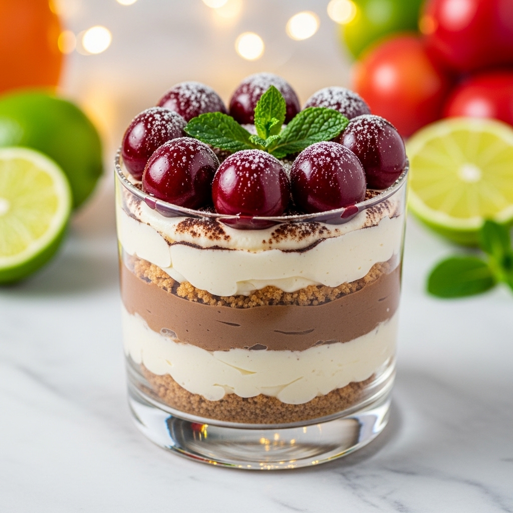 A clear glass dessert cup with an intricate diamond-like pattern, filled with three visible layers: the bottom layer is a dark brown chunky base, the middle layer is smooth and creamy light beige, and the top layer is a rich, thick milk chocolate brown. On top of the dessert, there are shiny deep red cherries arranged closely together, accompanied by a small bunch of fresh bright green mint leaves placed in the center. The cup is set on a white marbled surface with blurred colorful lights in the background, creating a warm and cozy feel. Photo taken with an iphone --ar 4:5 --v 7