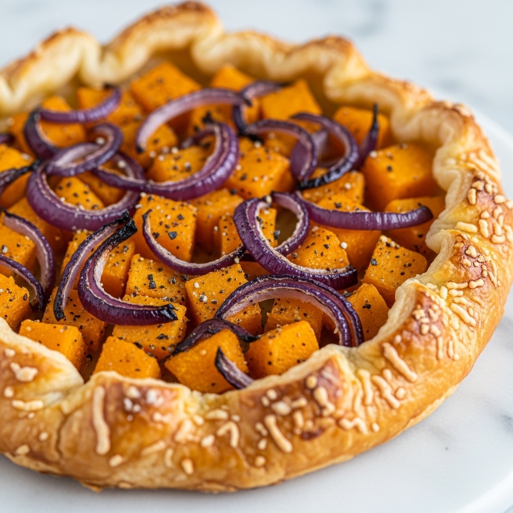 A close-up of a rustic tart on a white marbled surface, featuring one layer of glossy, soft orange roasted butternut squash chunks mixed with thin, slightly crispy caramelized red onion strips, all sprinkled with coarse black pepper. The tart has one thick, golden-brown, flaky puff pastry crust forming an uneven crimped edge around the filling, with a light dusting of flour and slight cheese browning on the crust. The background is blurred but keeps the focus on the texture and color contrast between the warm orange filling and the golden crust. Photo taken with an iphone --ar 4:5 --v 7