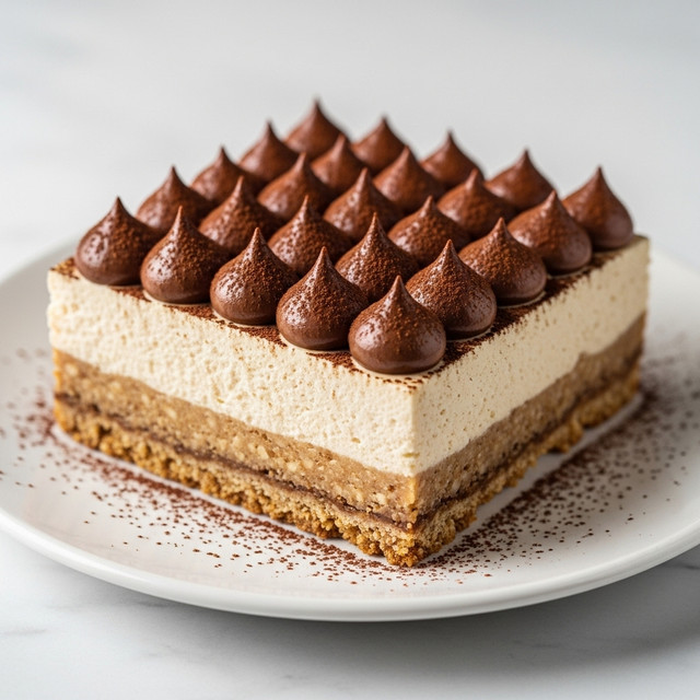 A square dessert with three clear layers sits on a white plate over a white marbled surface. The bottom layer is a thick, crumbly, light brown texture that looks like a nutty crust. Above it is a thick creamy layer in pale beige, smooth and firm. The top layer is dotted with many dark, shiny, glossy dollops of chocolate cream arranged closely at the center, with a fine dusting of cocoa powder spread evenly over the creamy layer’s surface, extending slightly onto the white plate edges. Photo taken with an iphone --ar 4:5 --v 7