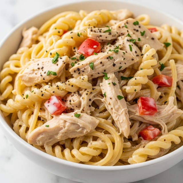 A close-up view of a white bowl filled with creamy spaghetti mixed with shredded chicken and small pieces of red bell pepper. The pasta and chicken are coated in a light, thick cream sauce with visible black pepper specks and small green parsley bits sprinkled on top. The noodles twist and curl softly around the chicken pieces, creating a creamy, textured look. The bowl sits on a white marbled surface. photo taken with an iphone --ar 4:5 --v 7