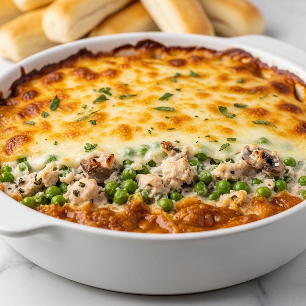 A white round ceramic dish filled with a baked casserole showing three distinct layers: the top layer is golden-brown melted cheese with small browned spots and some green herb sprigs scattered on top, the middle layer is chunky with visible creamy white sauce mixed with bits of green peas and small pieces of chicken or mushroom, and the bottom layer is a thicker sauce base. The dish is placed on a white marbled surface, with a group of light-colored breadsticks or rolls in the blurred background. The dish has an inviting, warm look with slightly browned edges from baking. Photo taken with an iphone --ar 4:5 --v 7