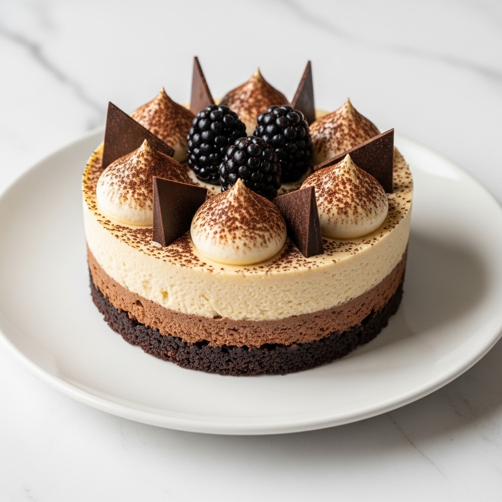 A small round dessert with two layers sits on a white plate on a white marbled surface. The bottom layer is dark brown with a crumbly texture, while the top layer is smooth and creamy beige. The top is decorated with four swirls of light cream dusted with cocoa powder, three glossy blackberries in the center, and three dark chocolate triangular pieces placed evenly around the blackberries. The top edge of the creamy layer is lightly sprinkled with cocoa powder. photo taken with an iphone --ar 4:5 --v 7