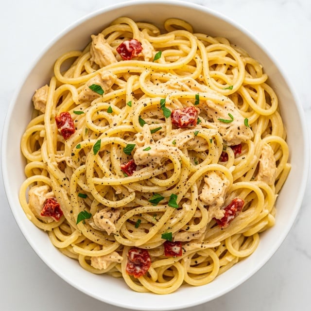 A bowl filled with creamy spaghetti pasta that is thickly coated in a light yellow sauce, mixed with small pieces of red sun-dried tomatoes and bits of shredded chicken. The pasta strands are long, smooth, and twisted lightly around each other, with the sauce clinging well to them and making the dish look rich and smooth. There are sprinkled green herbs, possibly parsley, on top, adding small green color spots, and a few visible specks of black pepper spread across the creamy surface. The bowl is white, and the background is a clean white marbled texture. Photo taken with an iphone --ar 4:5 --v 7