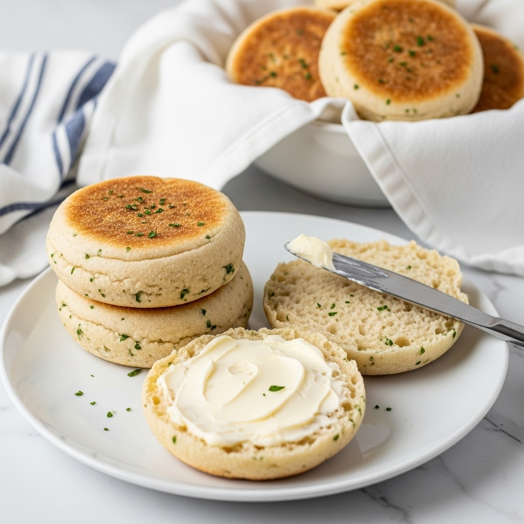 A white plate holds two golden brown English muffins, one stacked slightly over the other, both showing a soft, textured surface with small green herb sprinkles. Next to them, an opened muffin half reveals its fluffy white inside generously spread with creamy butter. A butter knife with some butter on it lies beside this half muffin on the plate. In the background, a white basket contains more English muffins, all golden and browned on top, sitting on a white marbled surface with a blue and white striped cloth nearby. Photo taken with an iphone --ar 4:5 --v 7