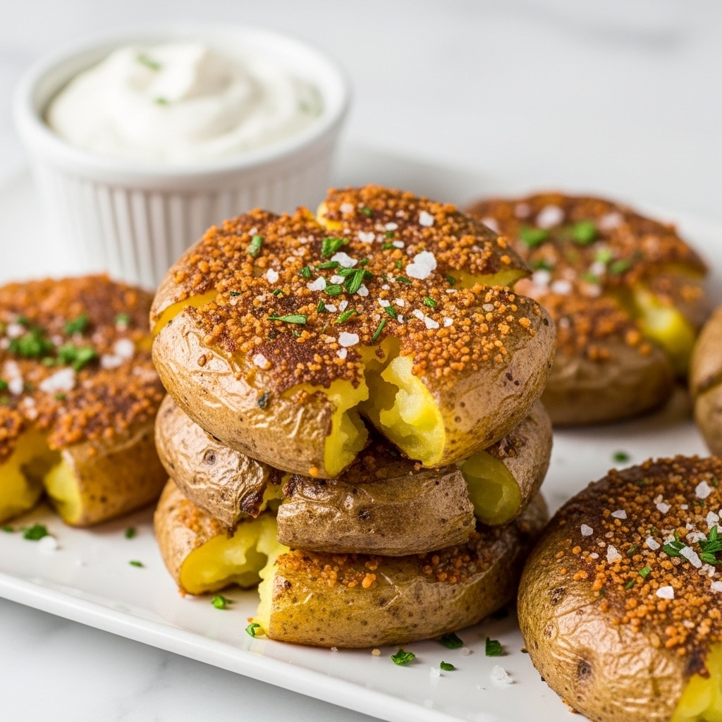 A close-up image of crispy smashed golden potatoes arranged on a white plate. The potatoes have a rough, crunchy brown crust with visible coarse salt and green herb bits sprinkled on top. The inside of the potatoes shows soft, pale yellow flesh. One layer of potatoes is stacked slightly on another. In the background, a small white cup with thick, creamy white dip is placed on the white marbled surface. The whole dish has a warm, rustic look with a focus on texture and color contrast. Photo taken with an iphone --ar 4:5 --v 7