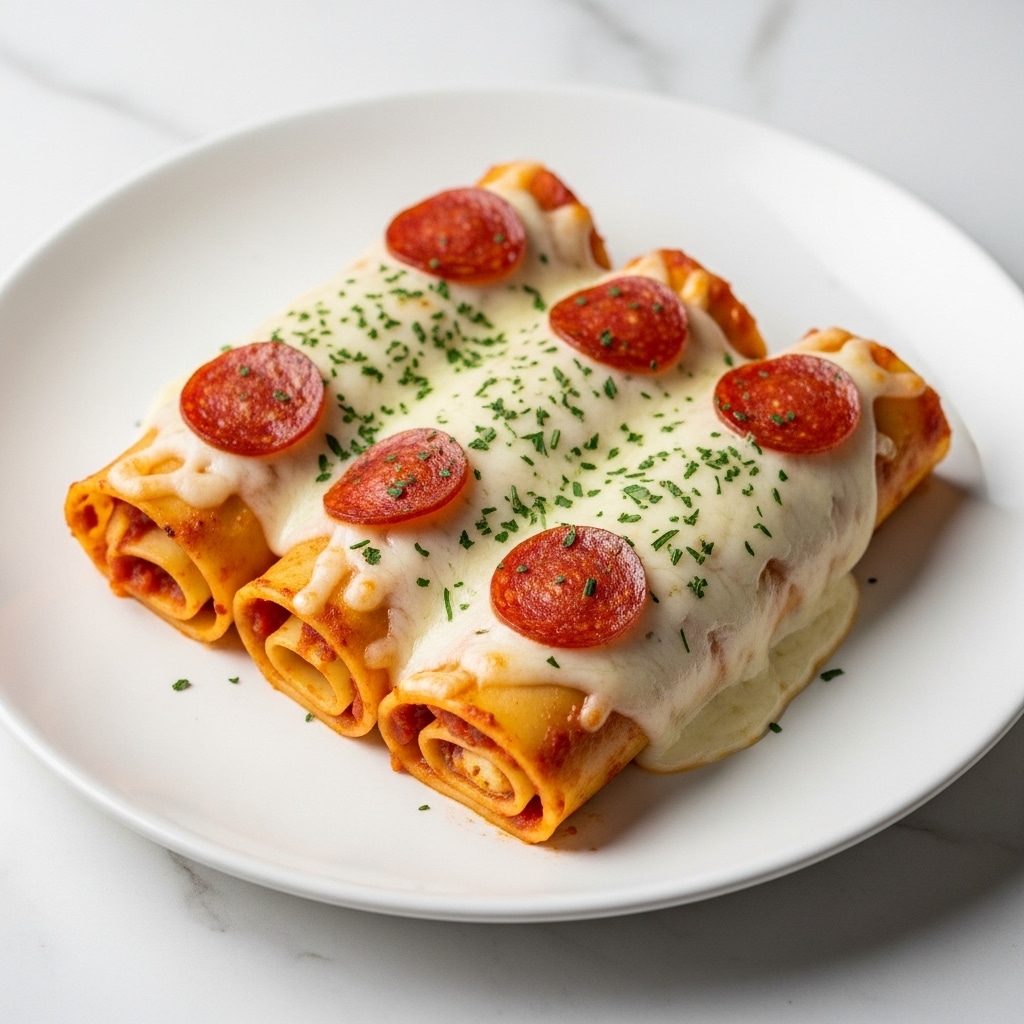 Three rolled cannelloni pasta tubes are placed side by side on a round white plate. Each tube is covered with melted white cheese that has sprinkled green herbs on top, and each is decorated with two brownish-red, round pepperoni slices evenly spaced along the length. The pasta inside shows a slight red hue, indicating a tomato-based filling. The plate sits on a white marbled surface. Photo taken with an iphone --ar 4:5 --v 7