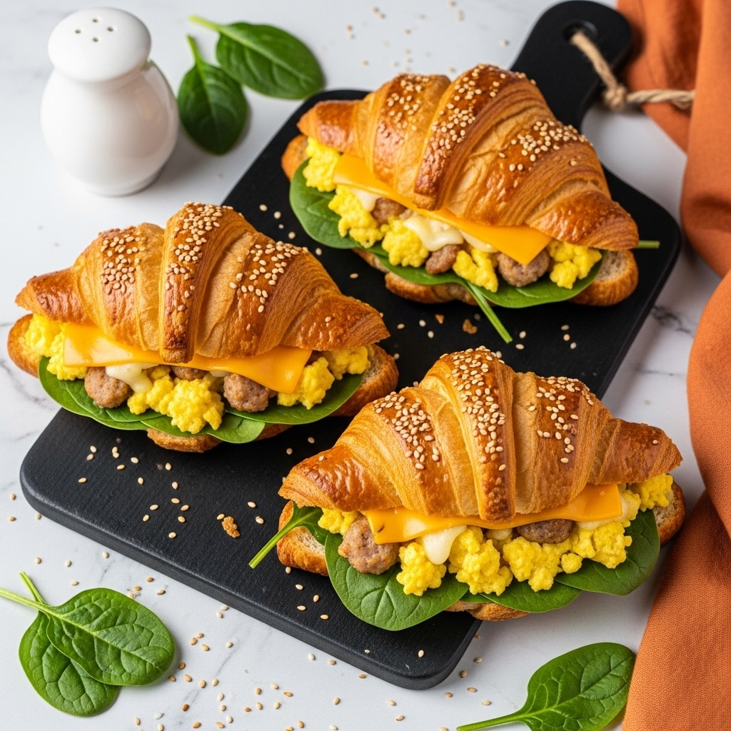 Three croissant sandwiches are arranged on a black serving board over a white marbled surface. Each croissant is golden brown with a flaky texture and topped with sesame seeds. The sandwiches have three visible layers: a bottom layer of fresh green spinach leaves, a middle layer of scrambled yellow eggs with a soft, fluffy texture, and a top layer of melted cheese mixed with small pieces of sausage or chicken. The filling is slightly spilling out from the sides, showing layers clearly. Around the board, a few loose spinach leaves and scattered sesame seeds add detail, with a white salt shaker and an orange cloth napkin placed nearby. Photo taken with an iphone --ar 4:5 --v 7