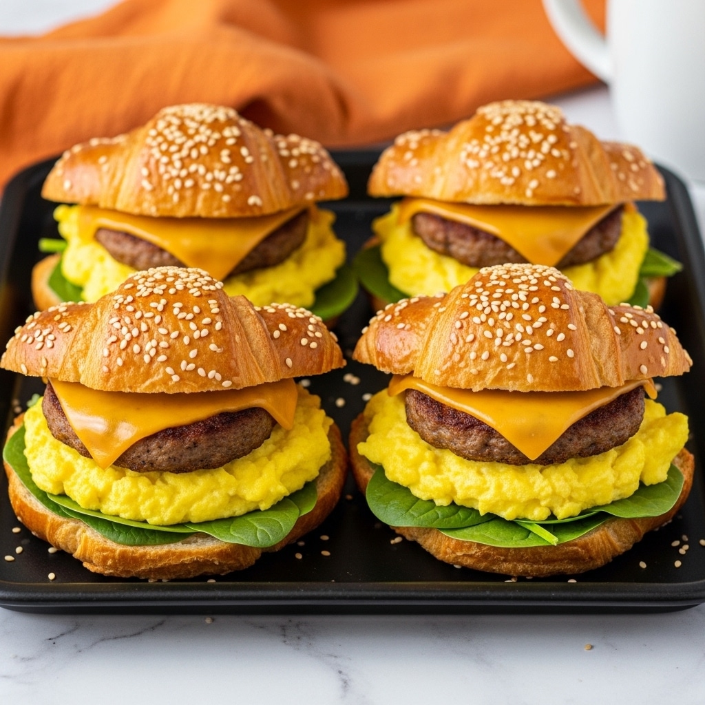 The image shows four breakfast sandwiches on a black tray, each made with a golden toasted sesame croissant cut in half. The bottom layer of each sandwich has green spinach leaves topped with fluffy yellow scrambled eggs. Above the eggs is a round, browned sausage patty, and a slice of melted, light orange cheese covers the sausage. The top croissant half with sesame seeds finishes the sandwich. The tray is set on a white marbled surface with an orange cloth in the background and a white mug partly visible. Photo taken with an iphone --ar 4:5 --v 7