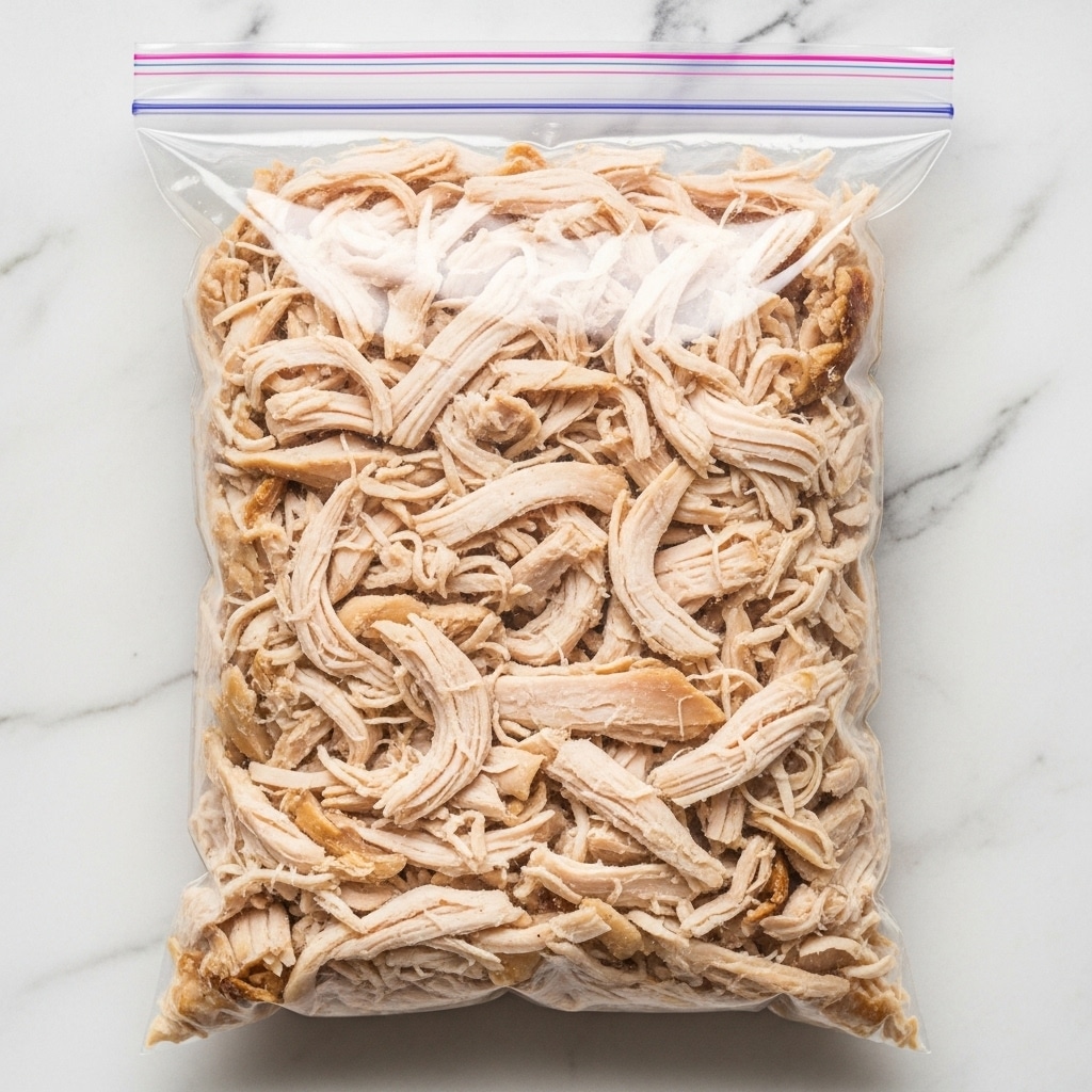 A clear plastic zip-top bag filled with shredded cooked chicken in light brown and off-white tones, the chicken pieces are unevenly shredded with some parts more finely shredded and others chunkier, the bag is laid flat on a white marbled surface, the pink and purple zipper seal is visible at the top of the bag, with light reflections creating slight shine on the bag’s surface, photo taken with an iphone --ar 4:5 --v 7