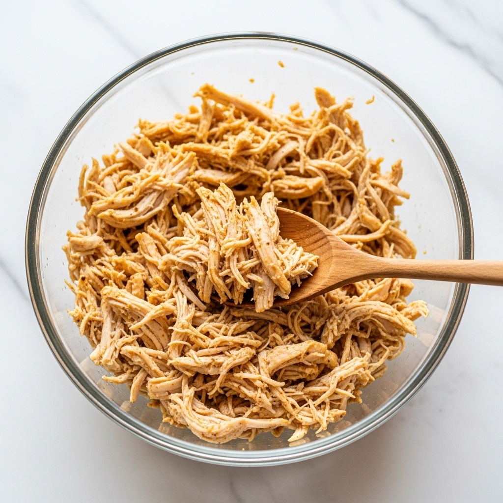 The image shows a clear glass bowl filled with shredded cooked chicken. The chicken is light golden with some darker seasoning spots, giving it a slightly spicy look. A wooden spoon with a smooth texture is scooping some of the shredded chicken. The bowl sits on a white marbled surface, making the chicken and spoon stand out clearly. photo taken with an iphone --ar 4:5 --v 7